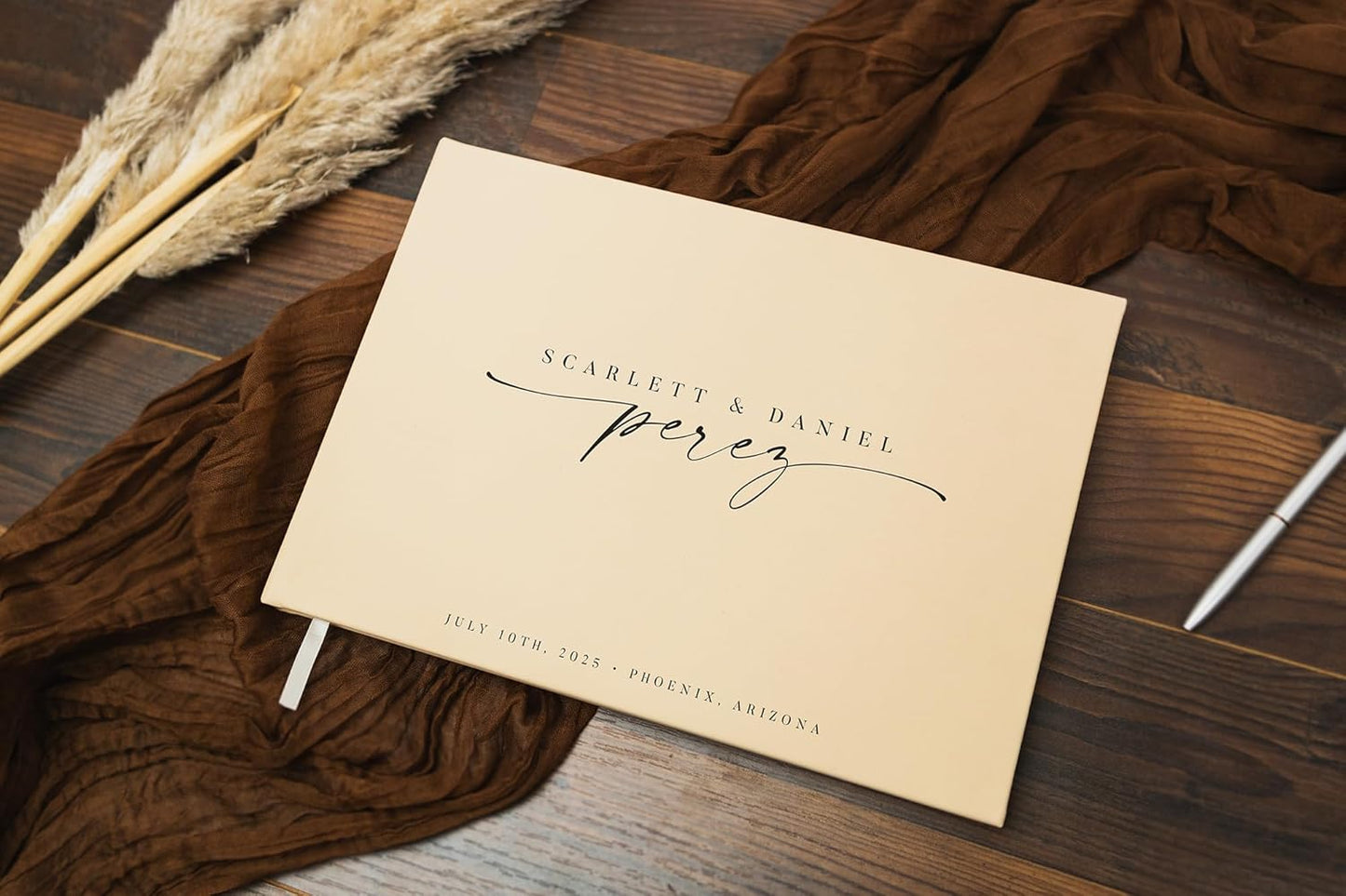 Personalized Guest Book - 11.5" x 8.5" Custom Bride & Groom Names with Bookmark and Hard Cover 140 GSM Blank Pages, for Weddings Guest Book, Engagements, Birthdays, Special Events, Butter