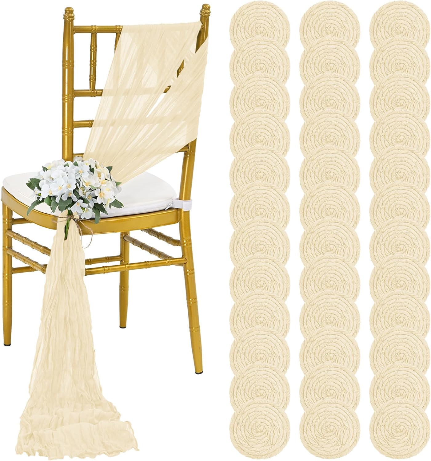 36 Pcs Ivory Cheesecloth Chair Sashes, 16 x 108 inch Gauze Fabric Washable Chair Sashes Bows Designed for Aisle Decorations Universal Chair Cover Decor for Wedding Reception Party Banquet