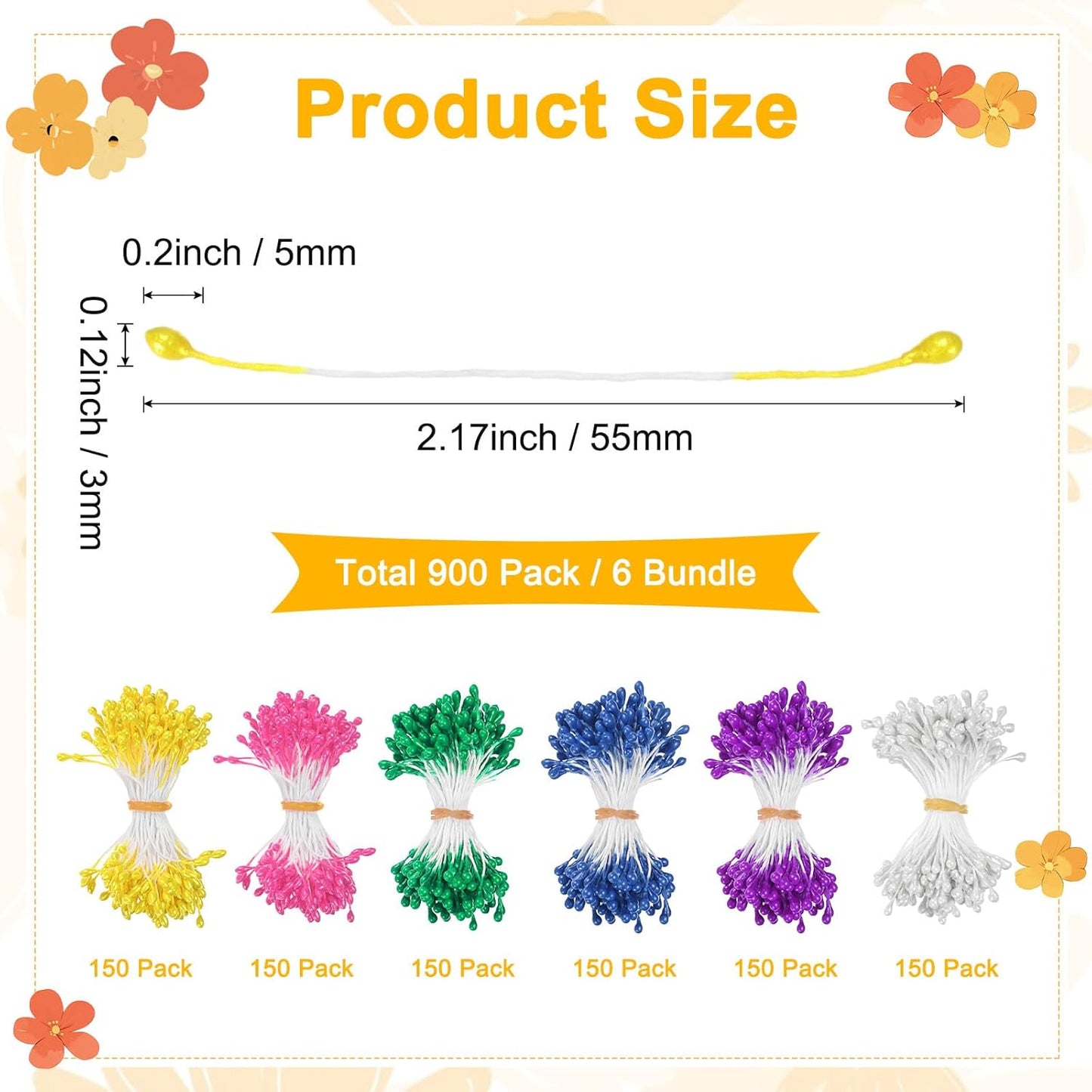 900-Pack Flower Stamens for Crafts, 5mm Double Heads Artificial Pearl Floral Pistil Mini Flower Pollens Stamens for DIY Making/Scrapbook Decoration [Green and 5 Colors]