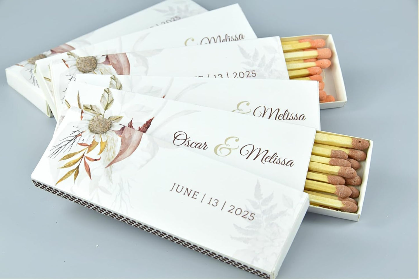 10 Boxes - Customized Matchboxes Colorful Tips (Wedding Design #5, 4" Matchboxes) (4" Matchsticks, Wedding Design #4)