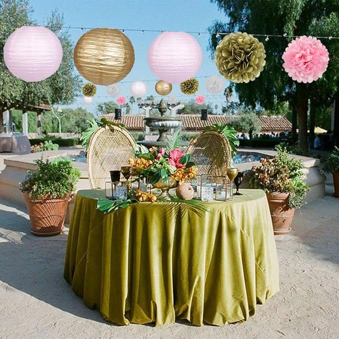 Pink and Gold Party Decorations, Pink Gold Paper Lanterns and Pom Poms Flowers for Birthday Baby Showers Engagement Tea Party Decor 15 Pieces
