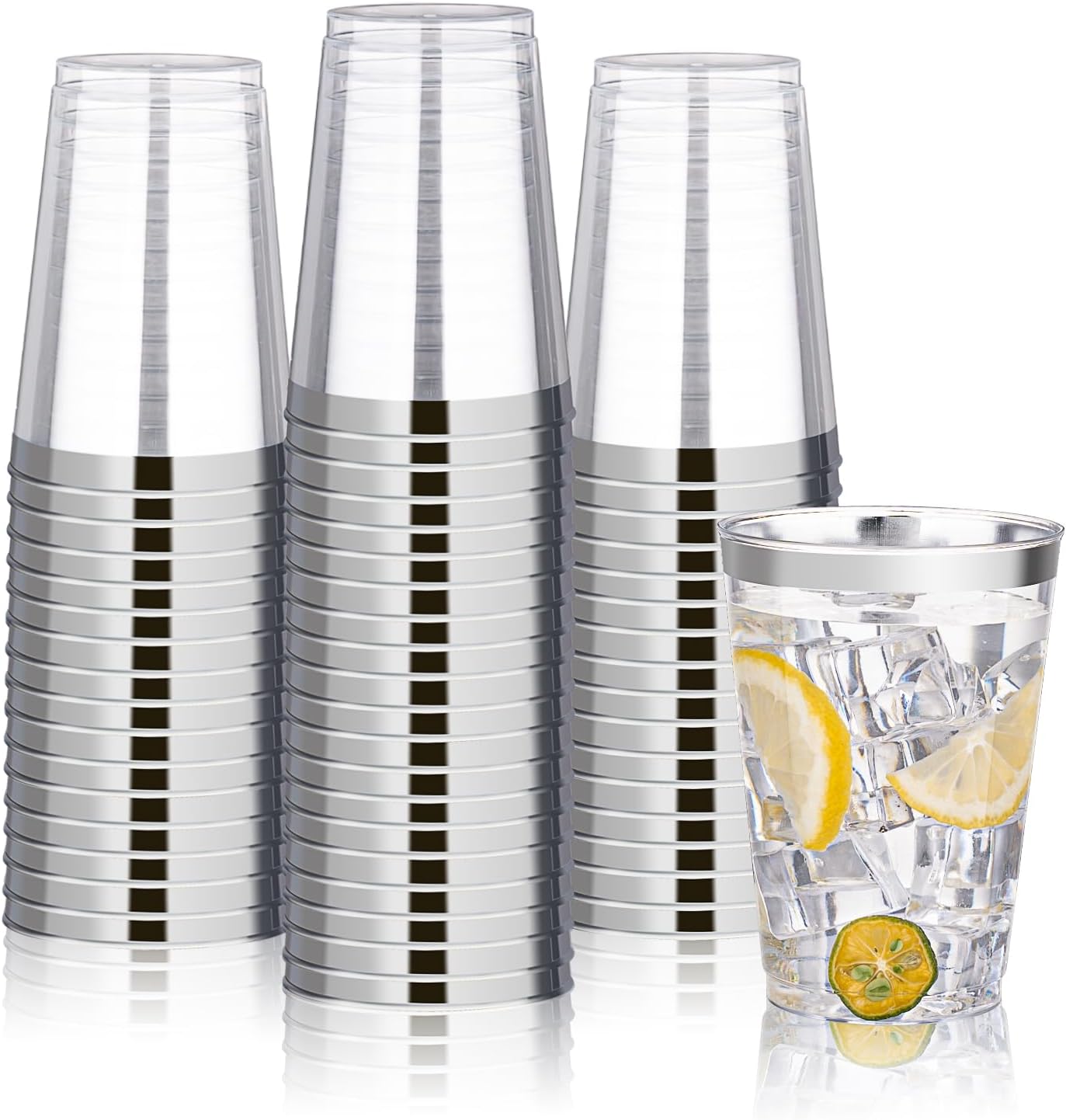 BESTVIP 12oz Silver Plastic Cups, 100 Pack Silver Rimmed Disposable Cups, Heavy-duty Party Cocktail Glasses for Christmas, Thanksgiving, Plastic Cups for Party, Holiday, Wedding and Birthday