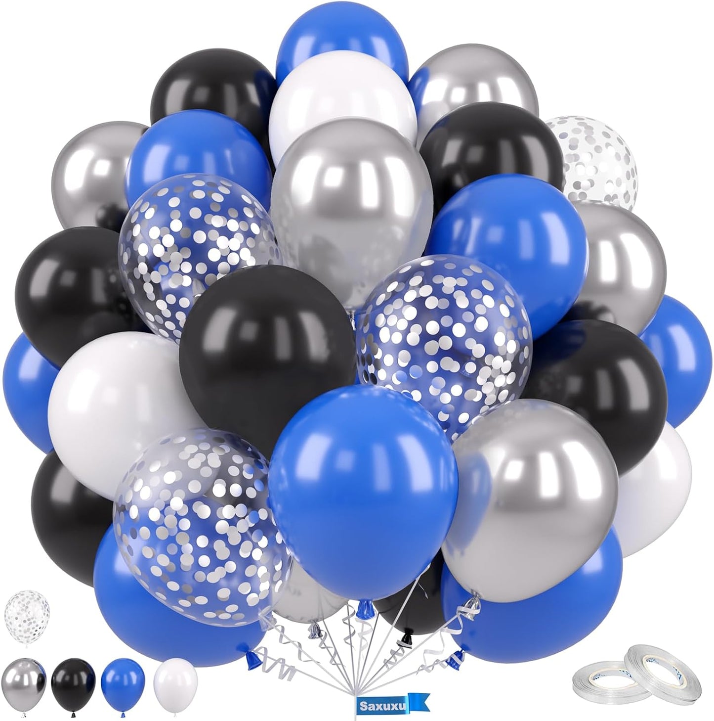 Blue and Black Balloons, 12 Inch Graduation Balloons, Dark Blue Black White Metallic Silver Confetti Latex Balloon for Boys Men Birthday Baby Shower Gender Reveal Graduation Party Decorations