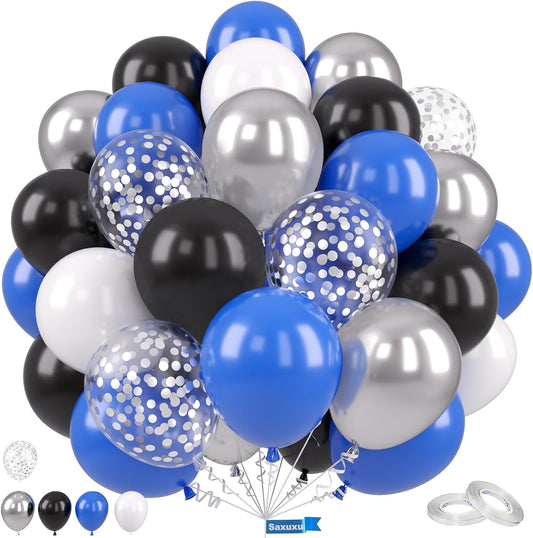 Blue and Black Balloons, 12 Inch Graduation Balloons, Dark Blue Black White Metallic Silver Confetti Latex Balloon for Boys Men Birthday Baby Shower Gender Reveal Graduation Party Decorations