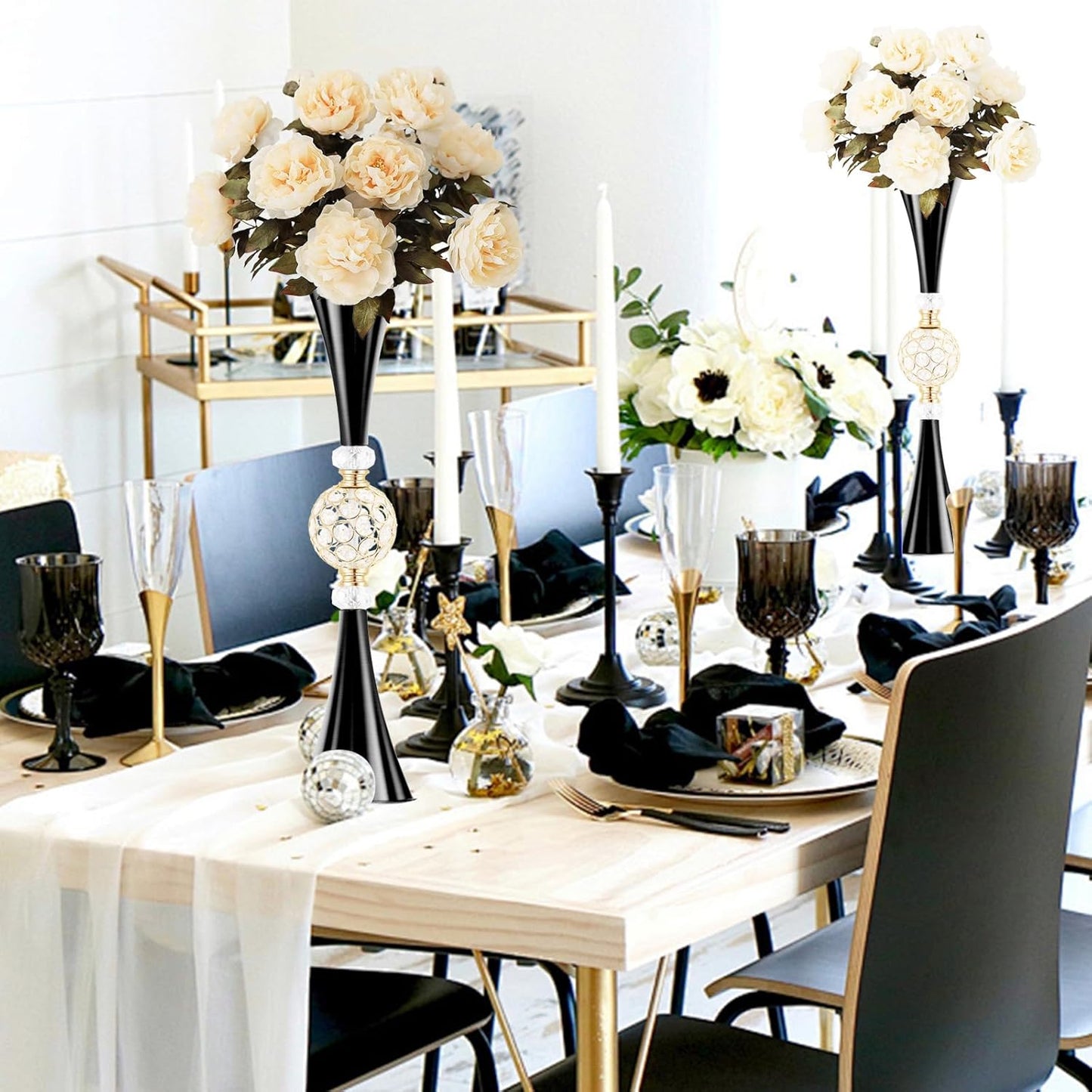 VIJIV Black Crystal Flower Vases for Centerpieces Tables - Tall Trumpet Vase for Bouquet Decorative, Dining Table Décor Flower Stand with Ribbed Texture for Events, Bridal Showers & Boho Weddings