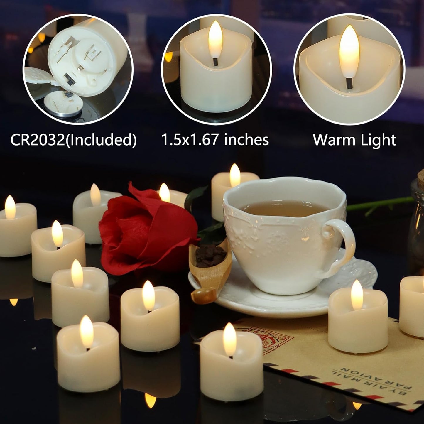 48 Pack Battery Operated Votive Candles 1.5 x 1.67 inches Flameless Votive Tealights Black Wick Tea Lights LED Electric Fake Candles Realistic for Wedding Christmas Thanksgiving Party Decoration