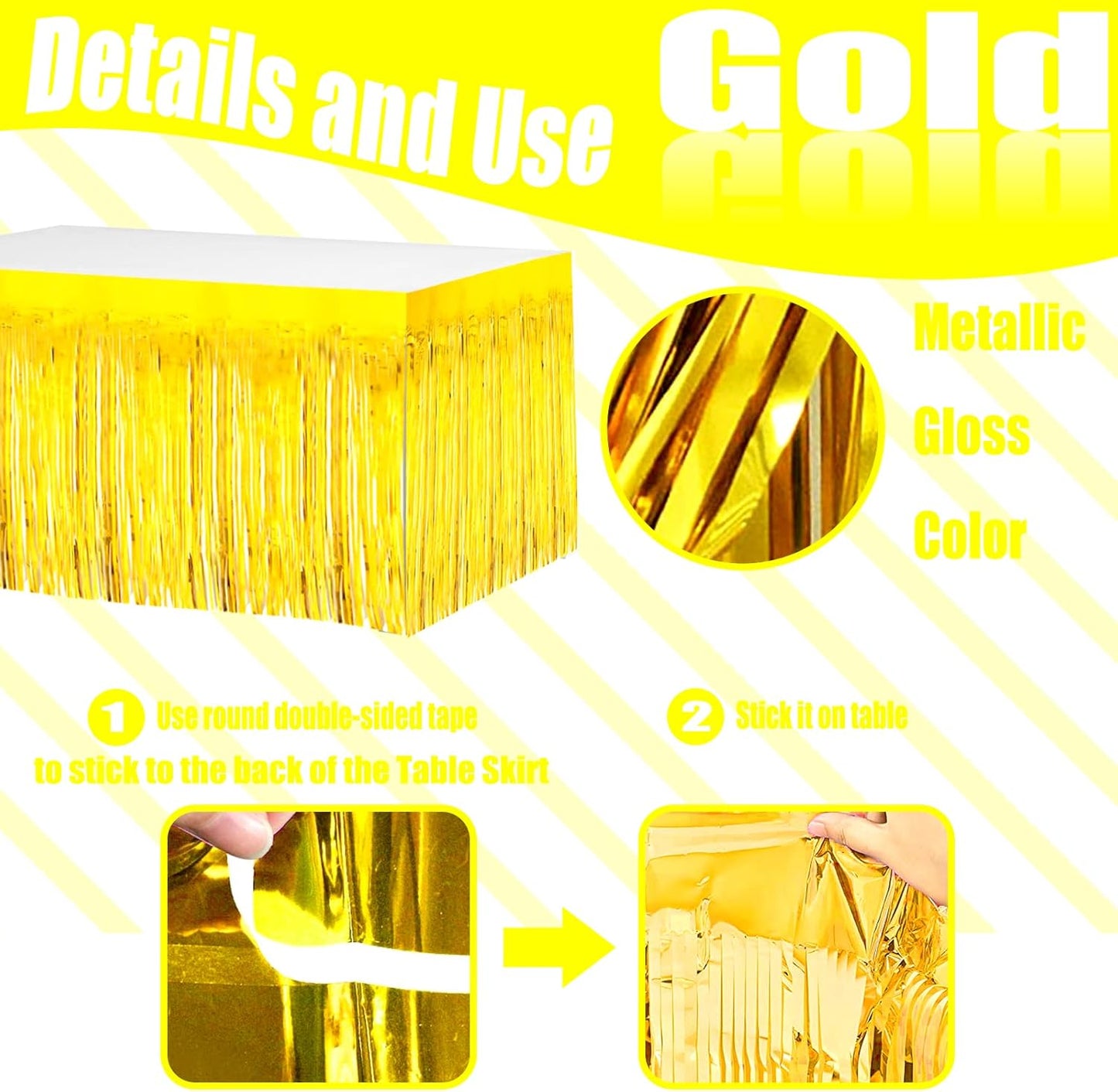 4 Pack 29x108 Inch Metallic Foil Fringe Tinsel Table Skirts for Rectangle Tables Streamer Curtains Backdrop for Wedding, Birthday, Parade Floats, Christmas, Halloween Party Decoration(Gold)