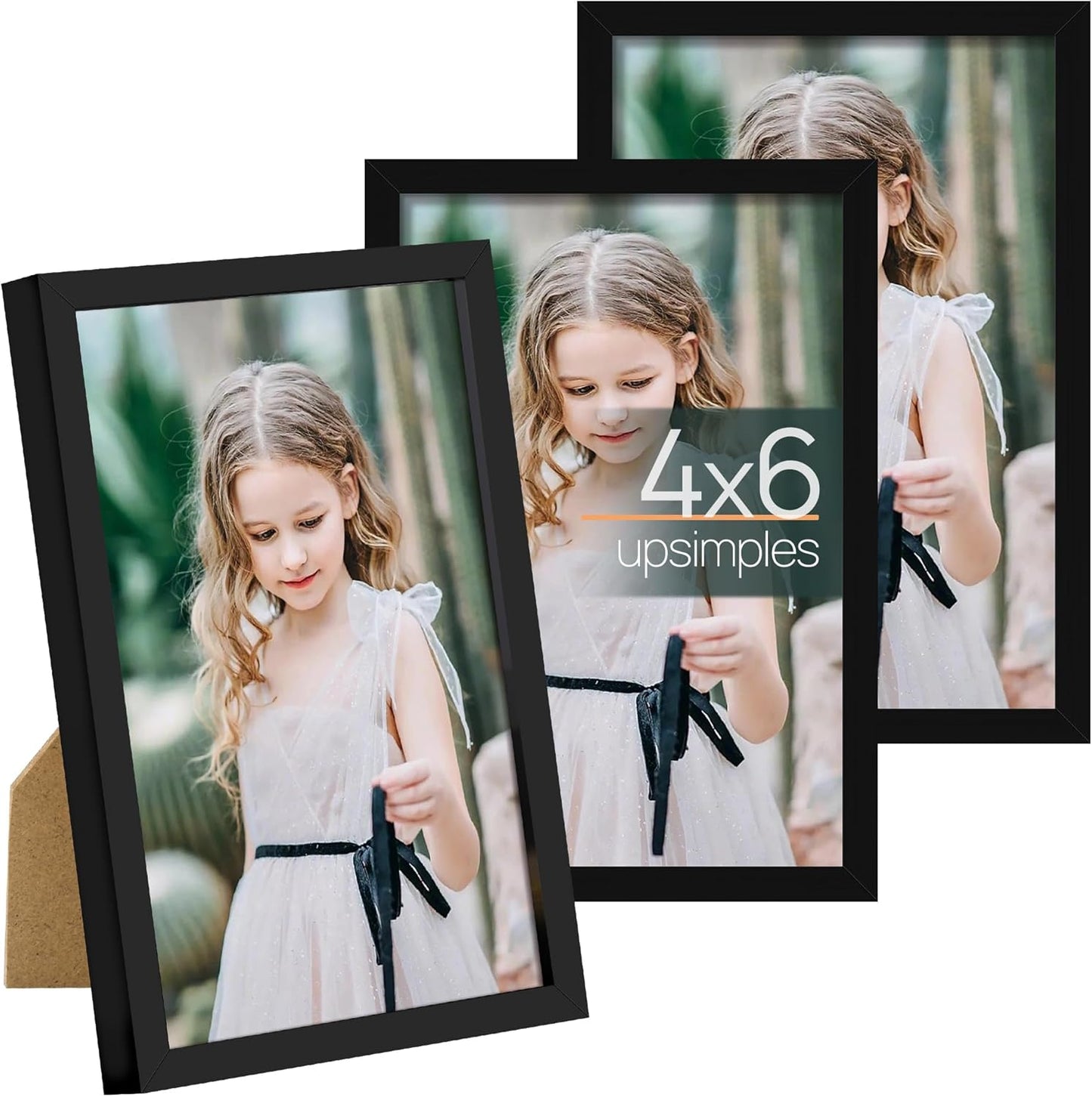 upsimples 4x6 Picture Frame Set of 3, Made of High Definition Glass for 4 x 6, Wall and Tabletop Display Thin Border Photo Frames for Home Decor, Black