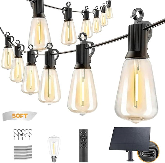 Outdoor Solar Waterproof Light String, 50FT Wire and 25 shatterproof Bulbs, dimmable Light Cannon with Remote Control, Suitable for Courtyard, Terrace, Balcony, Party Decoration Lighting