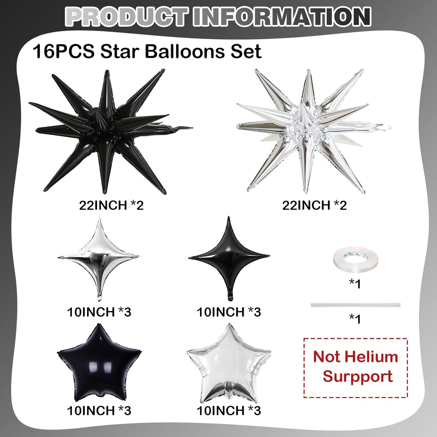 Black and Silver Star Balloons, 22in Large Star Balloons Foil 10in 4-Pointed & Pentagram Balloon for New Year Graduation Wedding Engagement Birthday Party Decorations