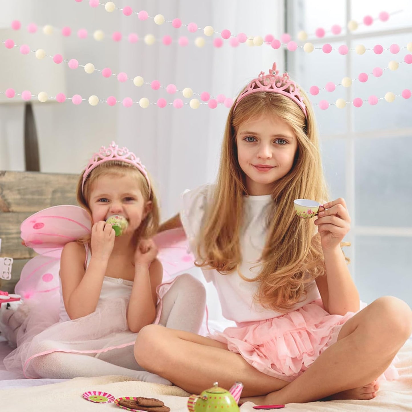 3 Pack Pom Pom Garland Colorful Felt Ball Garland Decorations, 6.5 Feet Long with 30 Balls Banner Hanging Supplies for Birthday, Baby Shower, Parties (Pink & White)