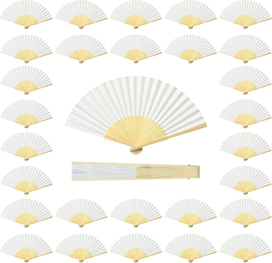 Coucoland 50Pcs Hand Fan Bulk - White Bamboo Folding Handheld Fan Hand fan for Wedding Home Decoration Party Favors Bridal Dancing Party