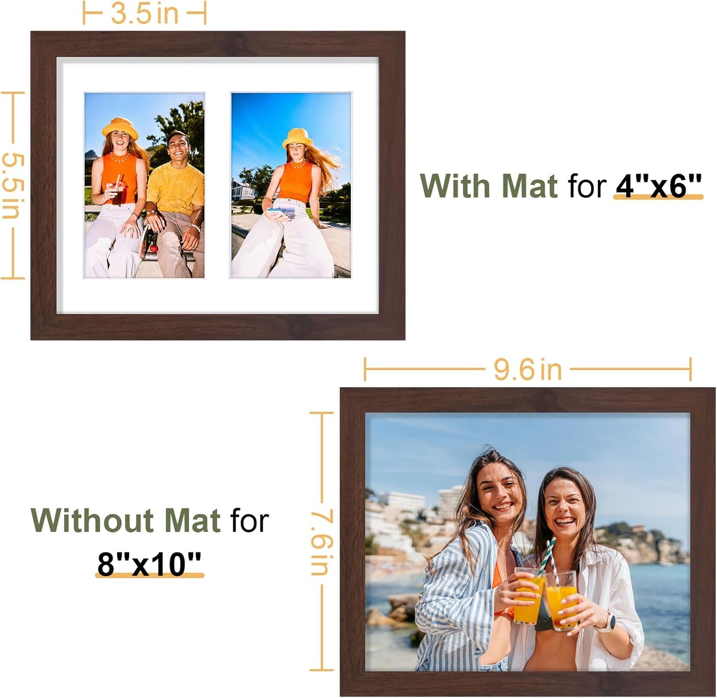 Vittanly 8x10 Collage Picture Frame, Displays 2Pcs 4x6 Pictures with Mat, Photo Frame for Wall Mounting or Table Top with Stand, Brown, 1 Pack