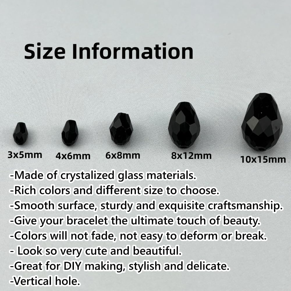 150pcs 4x6mm Teardrop Crystal Glass Beads for Jewelry Making, Faceted Vertical Hole Teardrop Glass Spacer Beads for Wind Chimes Bracelet Earring Necklace DIY Craft(Black)