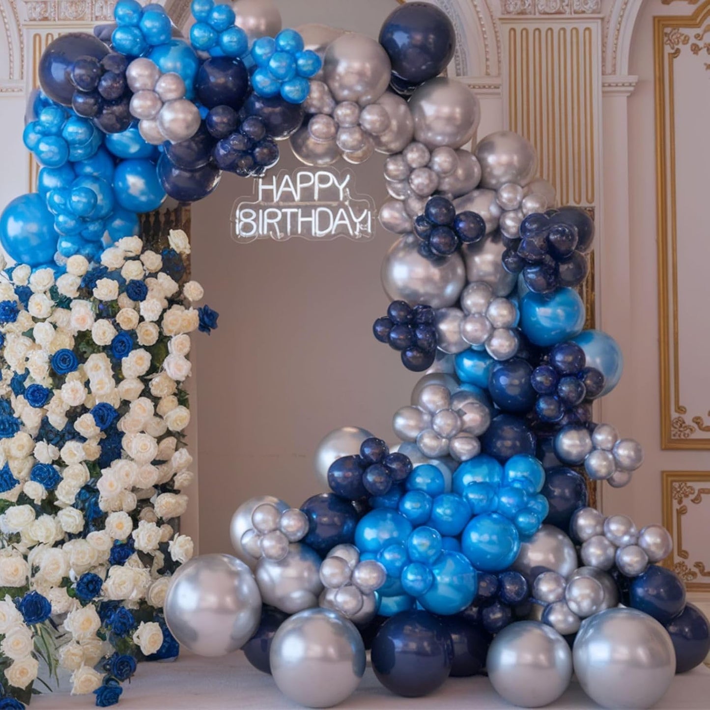 Blue and Silver Balloons, 12 Inch Navy Blue Balloons, Pearl Blue Metallic Silver Confetti Balloon Latex for Boys Birthday Baby Shower Gender Reveal Bachelor Party Graduation Decorations