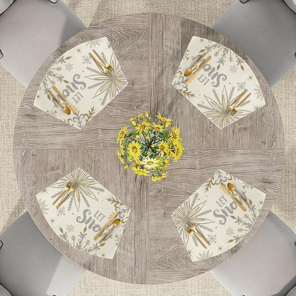 Artoid Mode Christmas Snowflakes Wedge Shape Placemats for Round Table Set of 4, Let it Snow Winter Winter Seasonal Kitchen Dining Table Decoration for Indoor Party Home