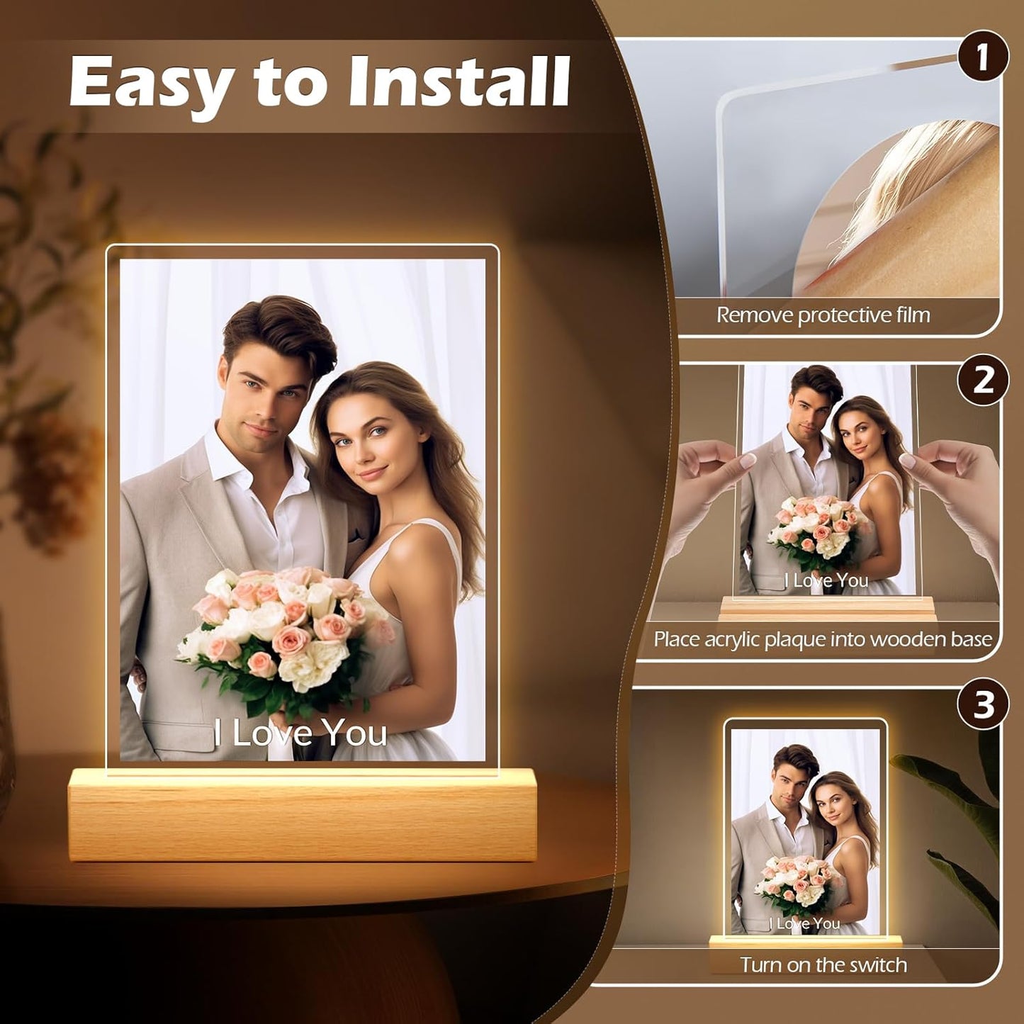 Custom Picture Frames with Photo, Personalized Photo Frame with Night Light, Customized Picture Frames, Personalized Anniversary Photo Gifts for Women, Men, Him, Her, Couple, Boyfriend, Girlfriend