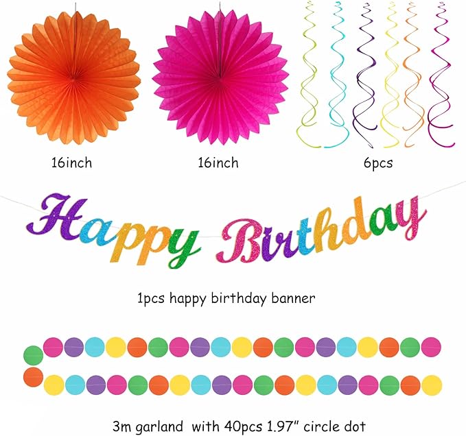 Rainbow Friends Colorful Birthday Party-decorations - 21pcs Girls Boys Happy Banner Garland, Paper Streamers Lanterns,Flower Tissue Pom Poms Fan Supplies,Wall Backdrop Decor Huglony