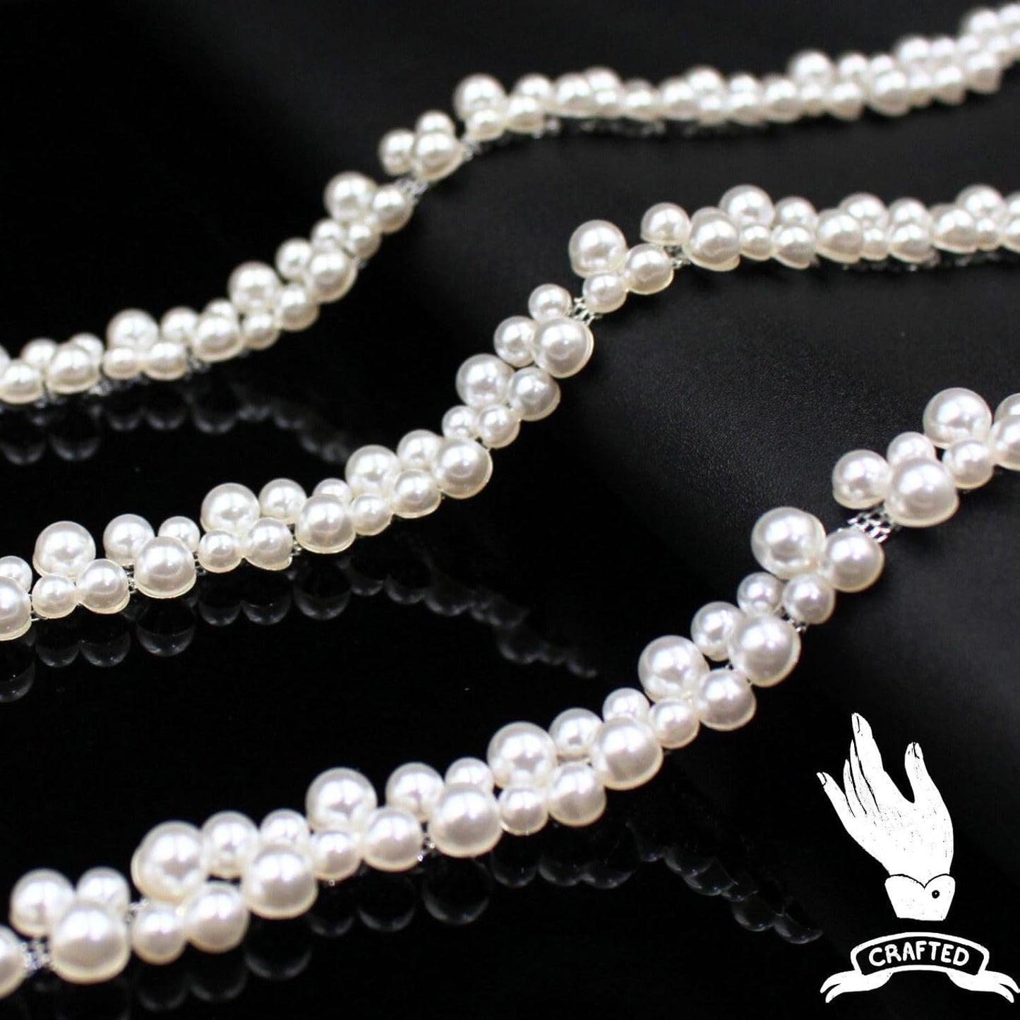 2 Yard Pearl Trim Chain String Silver Applique Fringe Ribbon Strips Beads Sewing Dress DIY Party Wedding Bouquet for Decoration Bridal Costume Embellishment