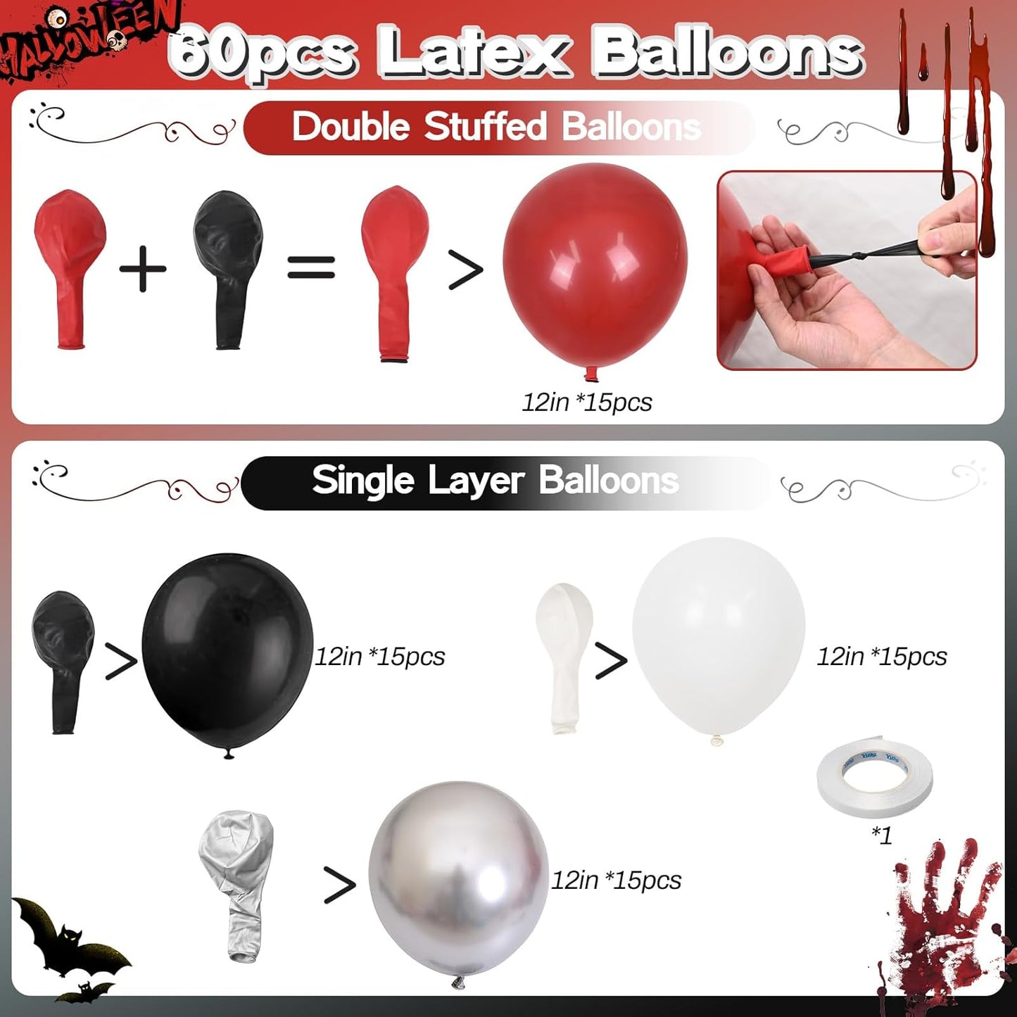 Red Black Balloons, 60 Pcs 12 Inch Double Stuffed Red Matte Black White Balloon with Metallic Silver Balloon for Halloween Vampire Prom New Year Race Car Theme Birthday Poker Card Party Decorations