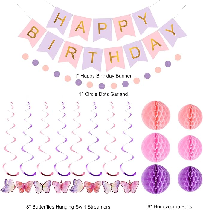 meowtastic Birthday Decorations, Happy Birthday Banner with Honeycomb Balls, Butterfly Hanging Swirl Streamers, Circle Dots Garland, Happy Birthday Party Decorations for Women Girls (Purple & Gold)
