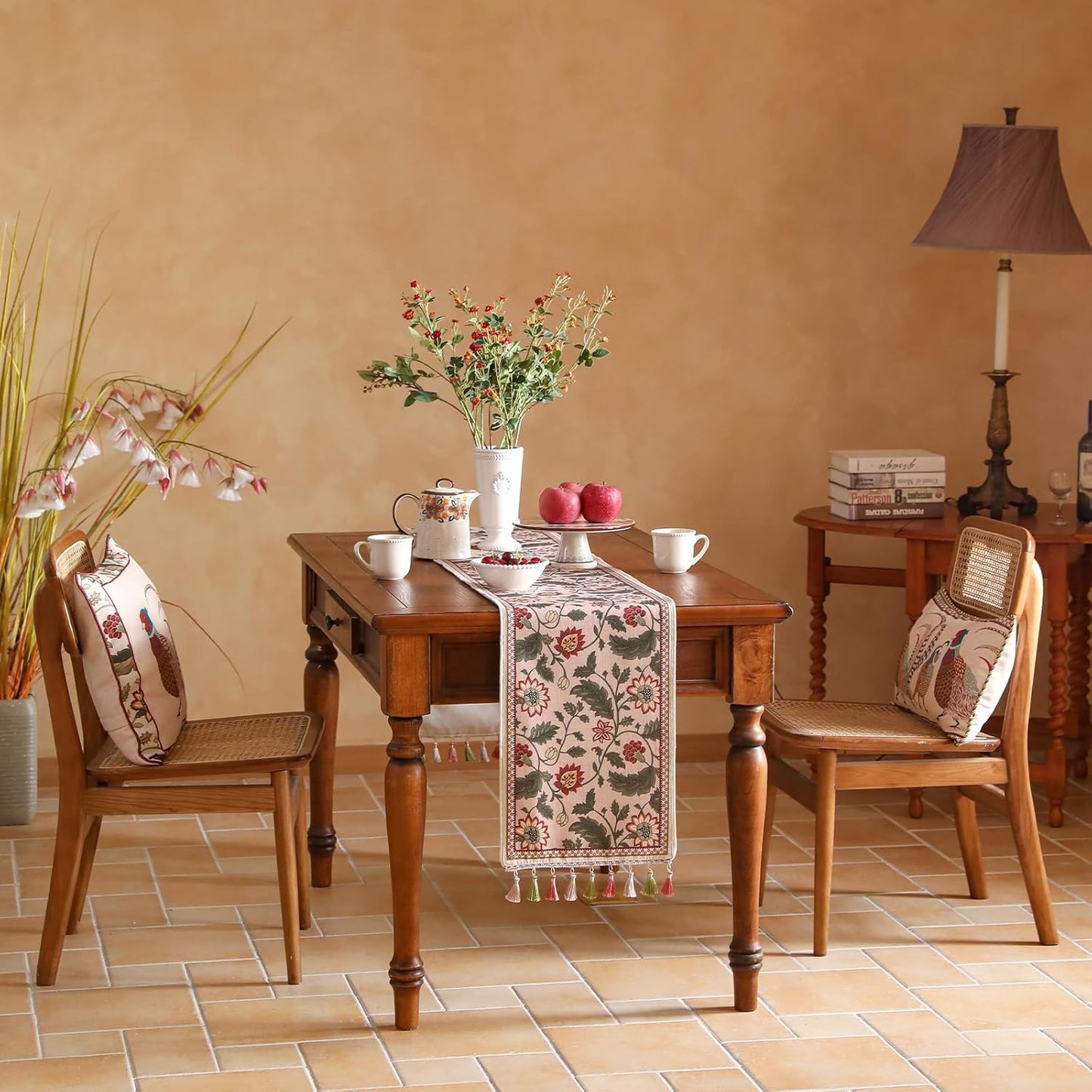 ISAENNE Designer Provence Elegant Linen Table Runner 87 Inches Long,Flower and Leaves Pattern Durable Table Runners for Dining Tables,Thanksgiving,Kitchen Tables,Christmas,12"*87"-Ratina