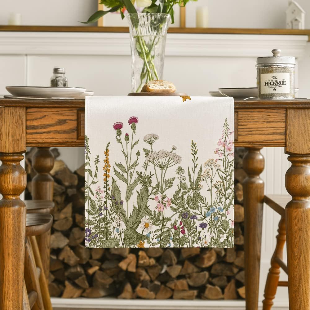 Artoid Mode Antique Herbs and Wild Flowers Summer Table Runner, Spring Fall Kitchen Dining Table Decoration for Home Party 13x48 Inch
