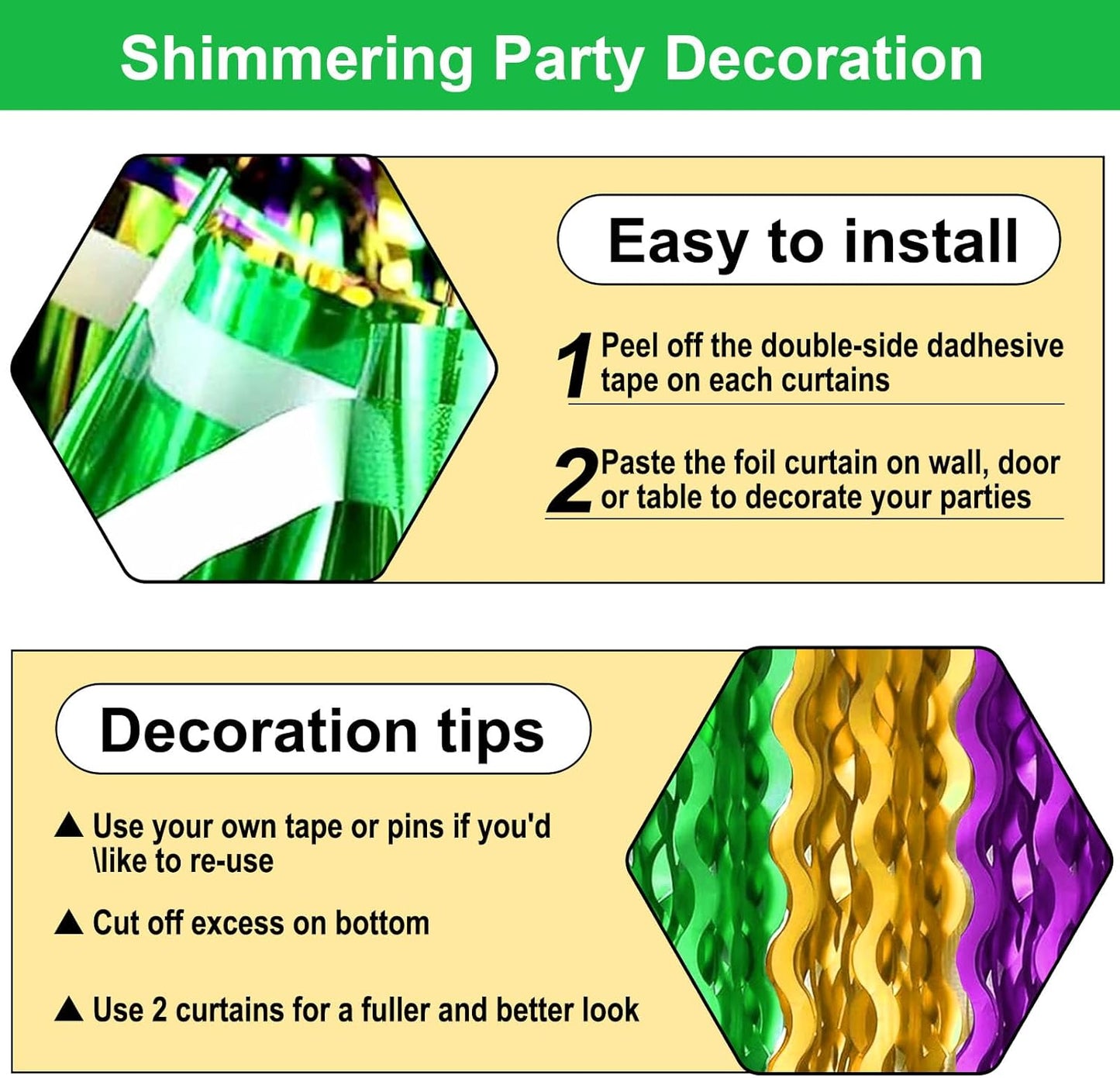 4 Pack Gold Green Purple Wave Foil Fringe Curtain Backdrop, 3.28Ft x 8.2Ft Metallic Tinsel Foil Fringe Streamer Curtains for Photo Booth, Mother's Day, Easter, Birthday, Wedding Party Decoration