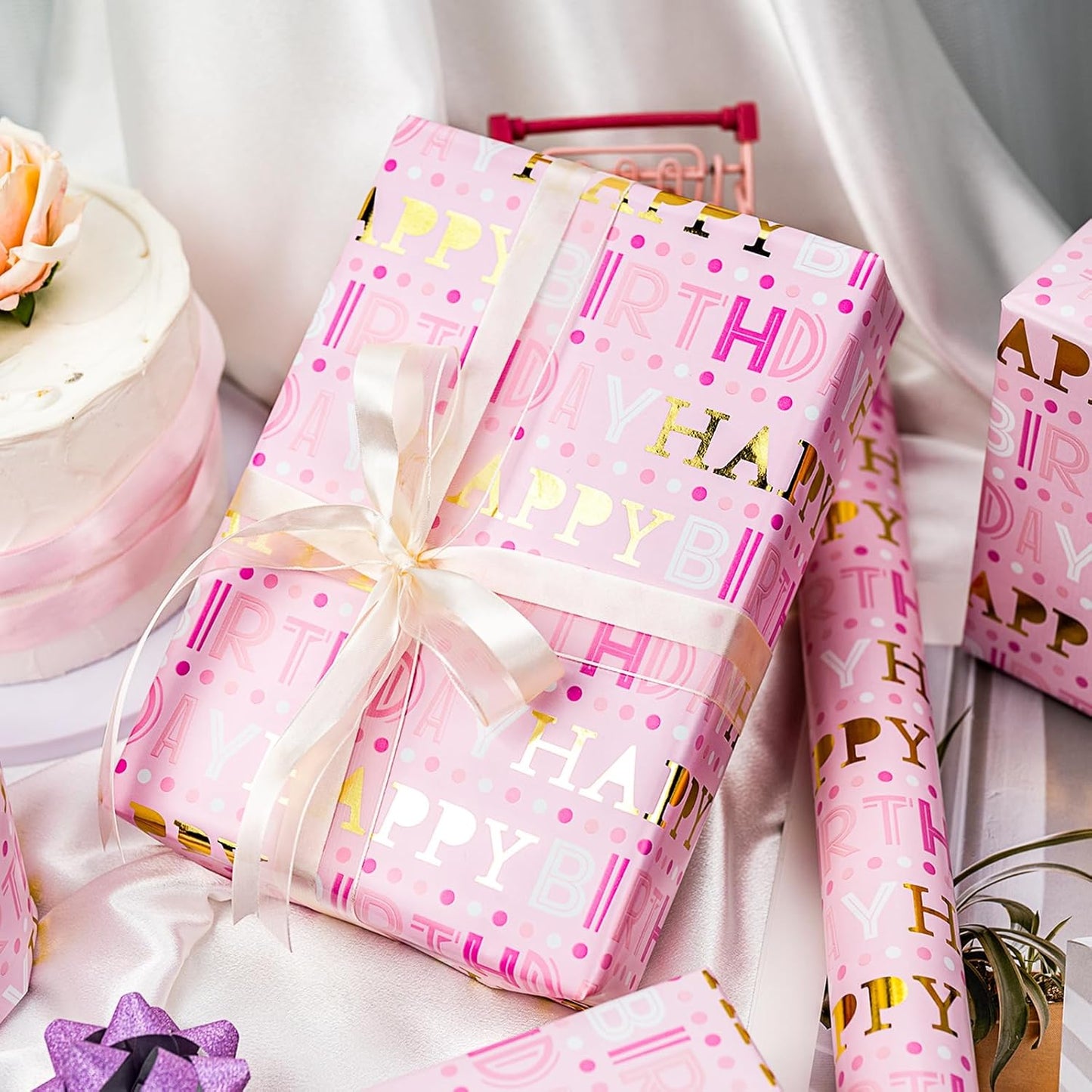 Yarcony Girl Birthday Wrapping Paper, Pink and Gold Wrapping Paper, Gold Foil Girly Happy Birthday Lettering Design Pink Gift Wrap for Girls Women, Baby Shower, Party (Mini Roll, 17 Inch X 16.5 Feet)