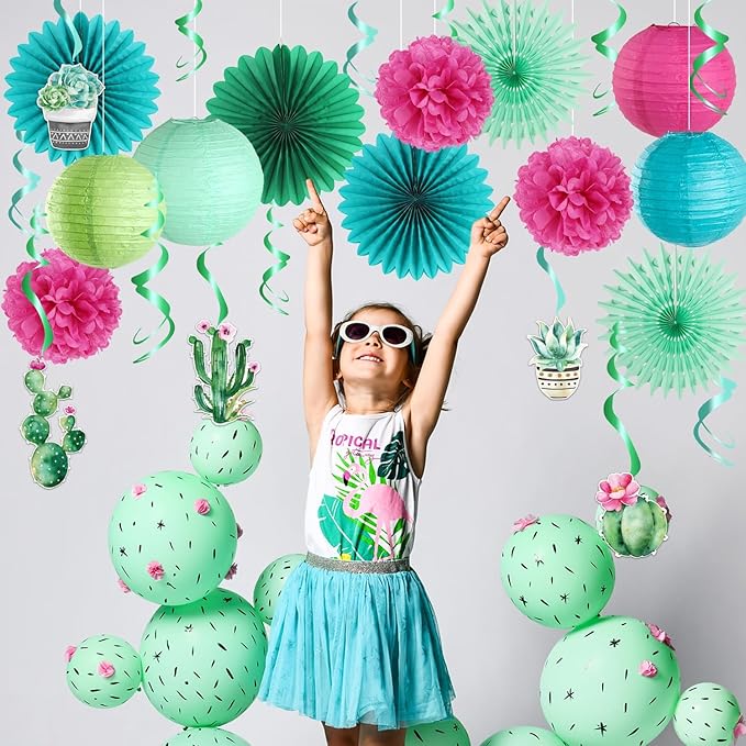 SUNBEAUTY Summer Party Decoration Hanging Cactus Swirls Paper Lanterns Paper Fans kit for Hawaiian Luau Party Tropical Party Baby Shower Birthday Party Supplies
