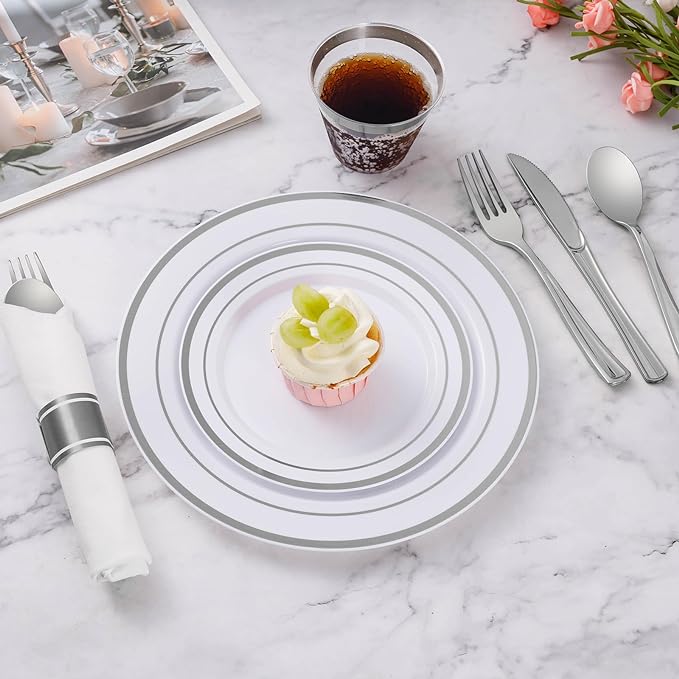 Goodluck 100 Pack Pre Rolled Silver Plastic Silverware, Wrapped Plastic Cutlery Set with Napkin Include 100 Forks, 100 Knives, 100 Spoons and 100 Napkins, Disposable Silverware for Party, Wedding