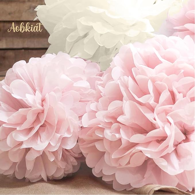 AOBKIAT Wedding Decorations Tissue Paper Pom Poms - 12 PCS Rose Gold Pink White Paper Flower Pom Pom Kit Decorations for Wedding Birthday Baby Shower Bachelorette Bridal Shower Party Supplies