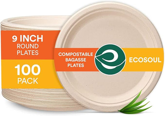 ECO SOUL Compostable 9 Inch(100-Pack) Biodegradable Disposable Paper Plates | Eco-Friendly Dinner, Party, Wedding, Event (100)