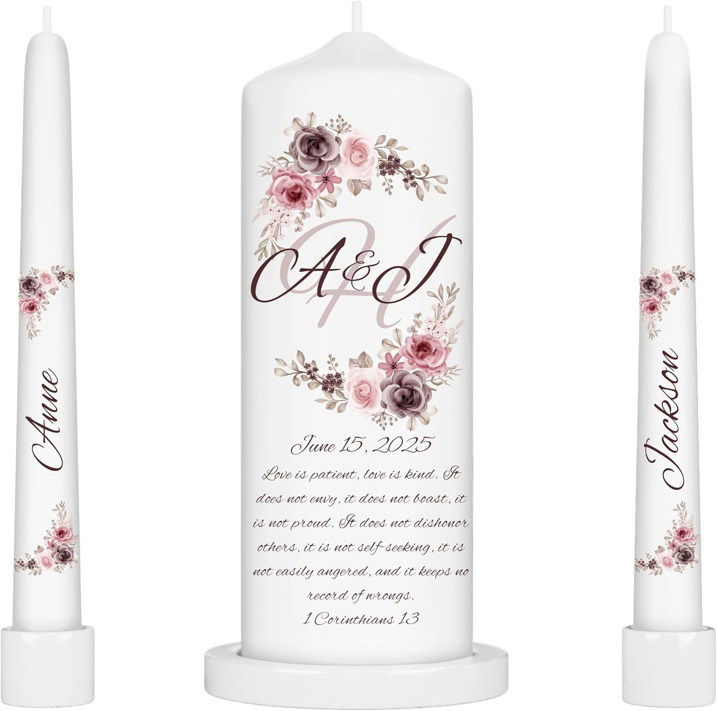Unity Candles for Wedding, Modern Unity Set, Custom and Personalized Pillar and Taper Candles with Bible Quote, Unscented White Premium Wax, Religious and Wedding Ceremony, Special Events (Clover)