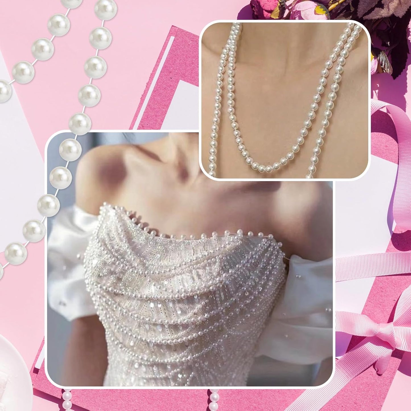 16 Feet 10mm Pearl Strings Garland for Crafts, Artificial Pearl Beaded Trim Chain Roll Strands for Wedding Centerpieces Bouquet Party Decoration Christmas Tree Garland, Ivory