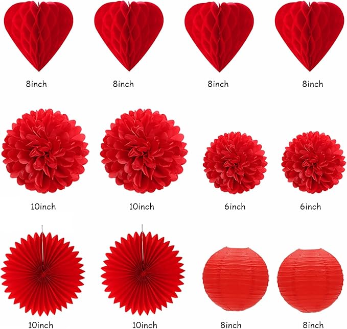 Valentines-Day Decorations Red-Heart Streamers Galentines-Decor - 22pcs Be Mine Love Banner,Paper Lanterns Honeycomb Balls,Tissue Pom Poms Flowers Fans, Happy Anniversary Backdrop Hugmoon