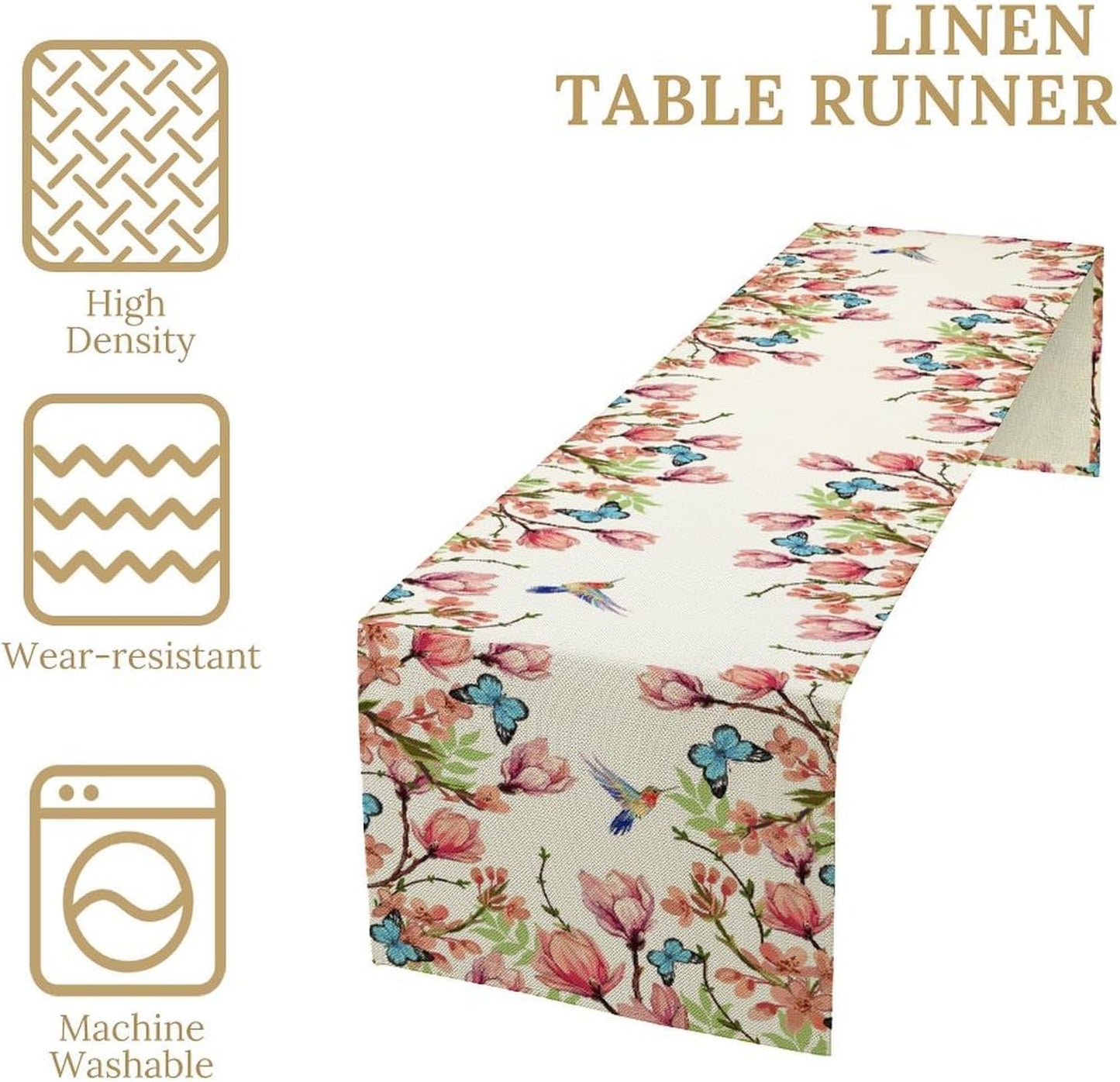 Flowers Table Runner,Floral Bird Butterfly Spring Table Cloth Kitchen Dining Table Home Party Decoration 13x108 Inch
