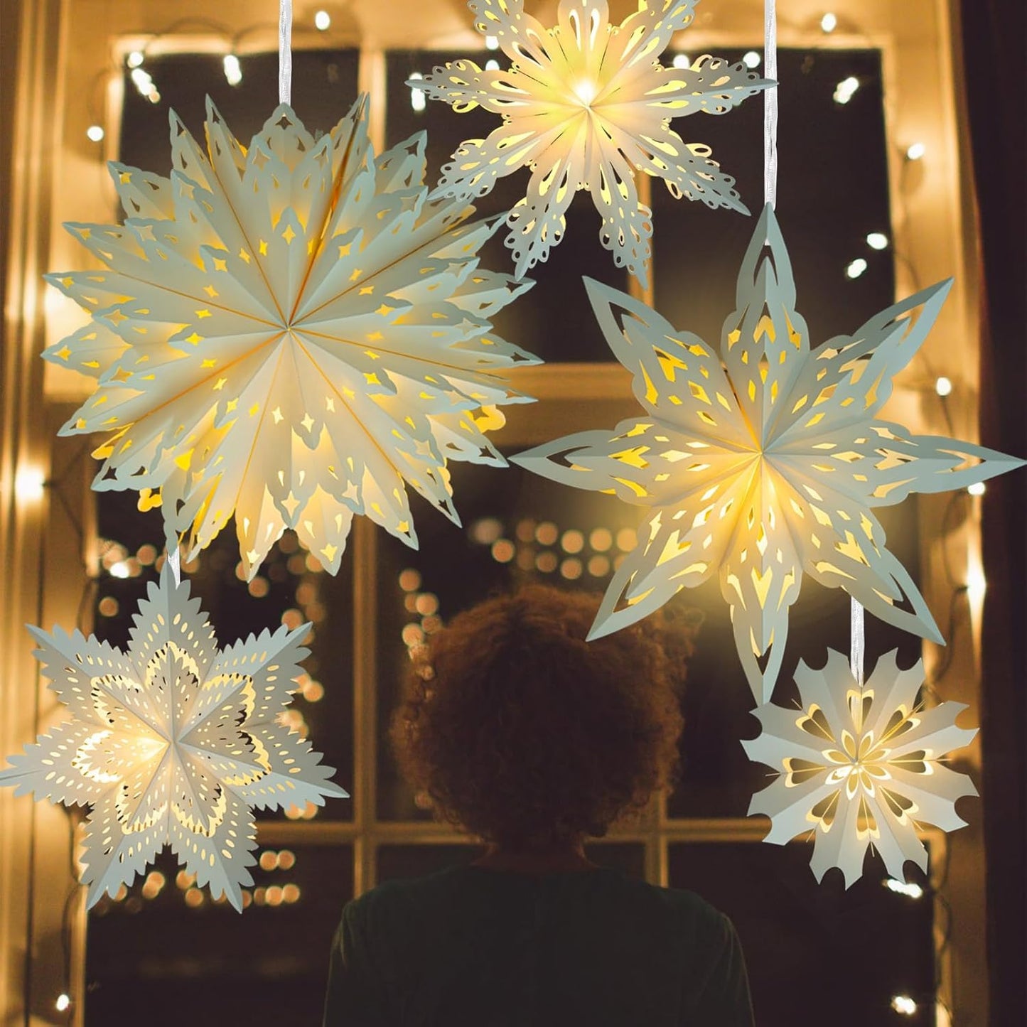 5 Pack Christmas Paper Snowflake Lanterns, Christmas Paper Star Lantern with LED Light White Hanging Lamp Ornaments for Xmas Tree New Year Winter Frozen Weddings Birthday Holiday Party Decorations