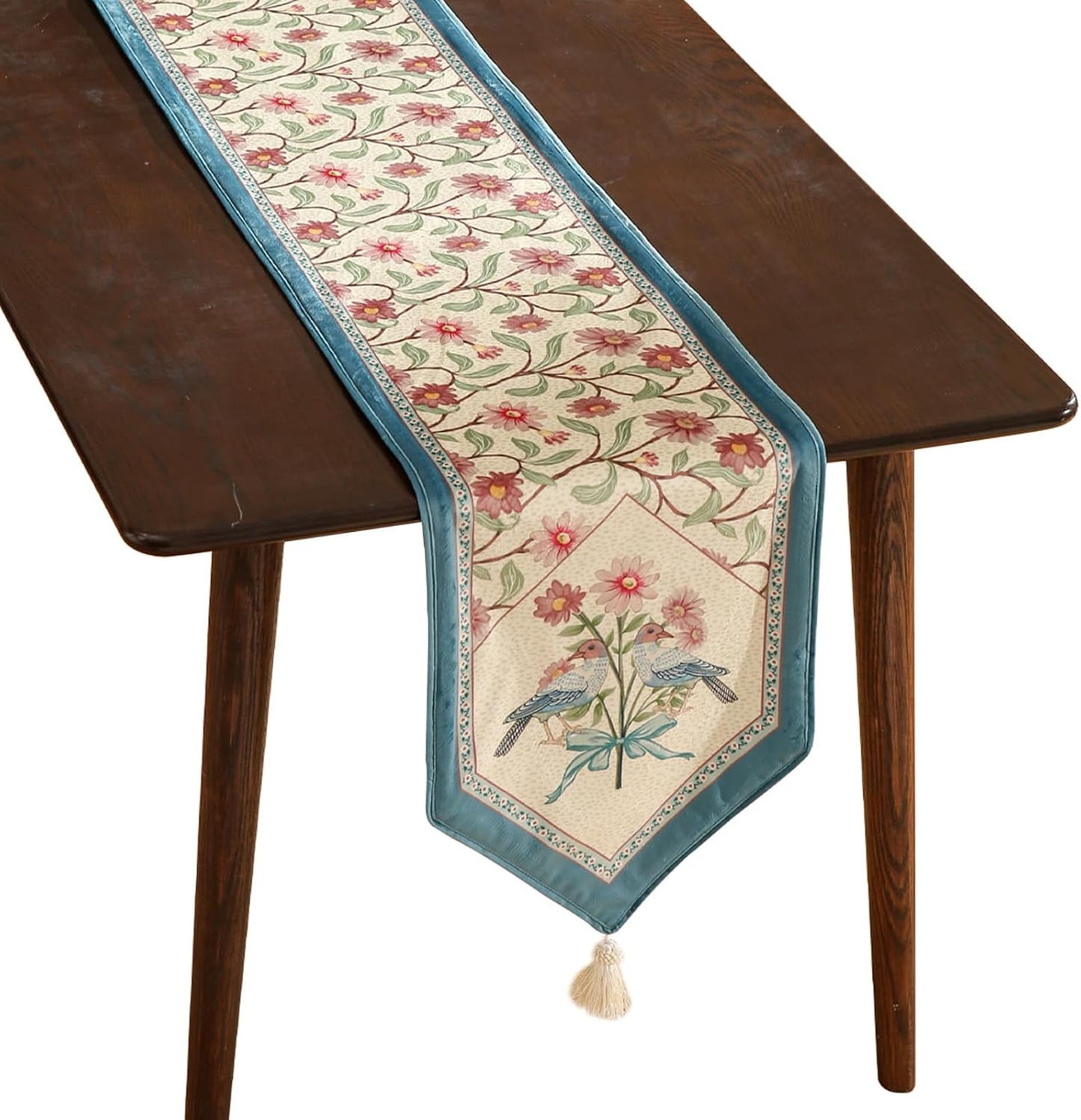 patdrea Designer French Elegant Wild Flowers Velvet Table Runner 102 Inch Long, Beige Pink Floral Table Mat, Decoration for Kitchen Dining Coffee Table Cabinet Banquet Thanksgiving,12"*102"