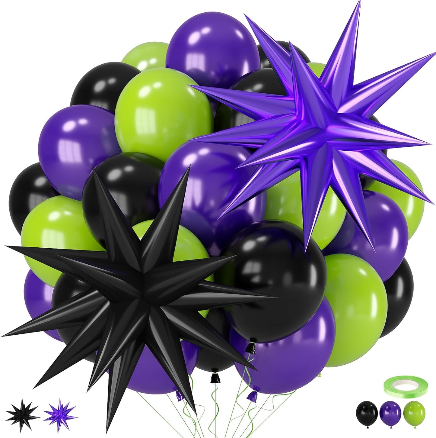 Purple Green Black Balloons, 12 Inch Fruit Green Dark Purple Black Balloons with Star Foil Balloon for Boys 2nd 3rd 4th Birthday Party Baby Shower Decorations