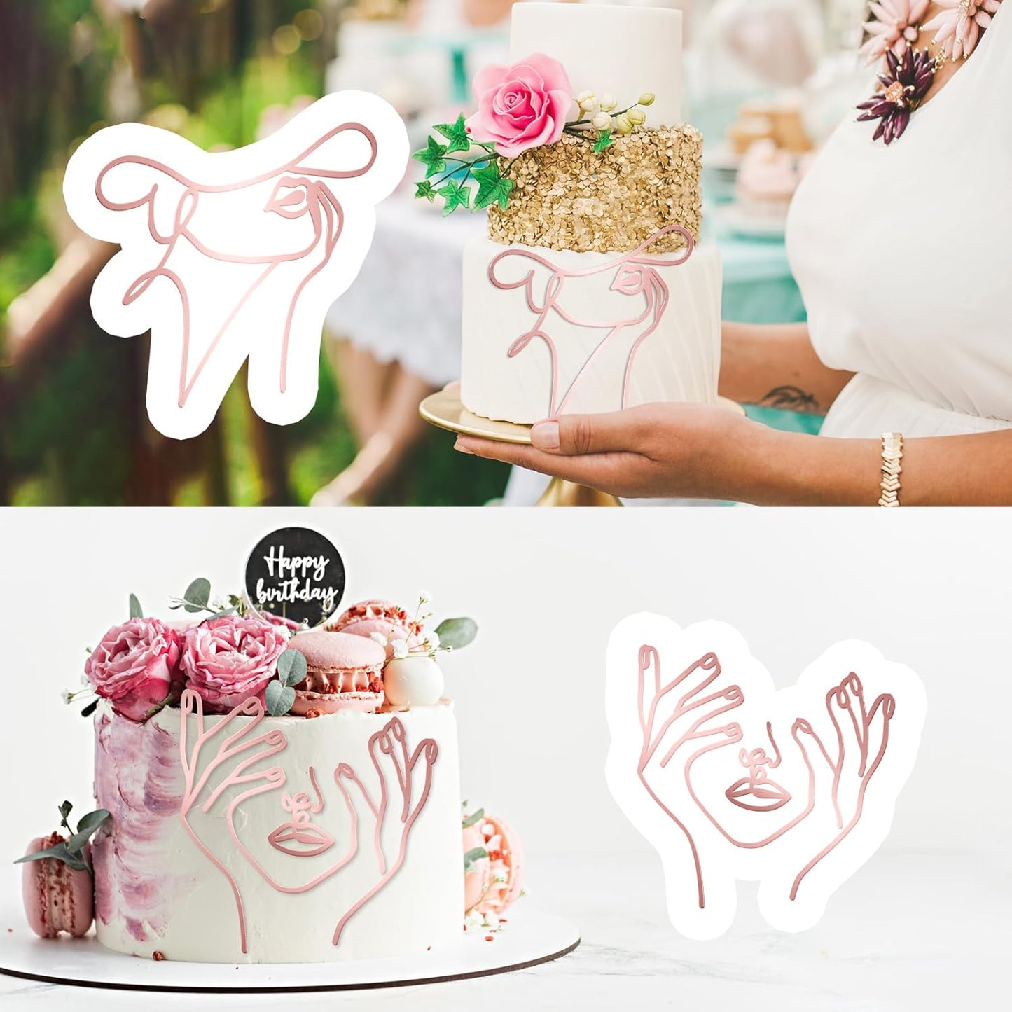 12 Pcs Acrylic Lady Face Cake Topper Minimalist Art Happy Birthday Cake Toppers Women Wedding Cake Decoration for Wedding Birthday Party (Rose gold)