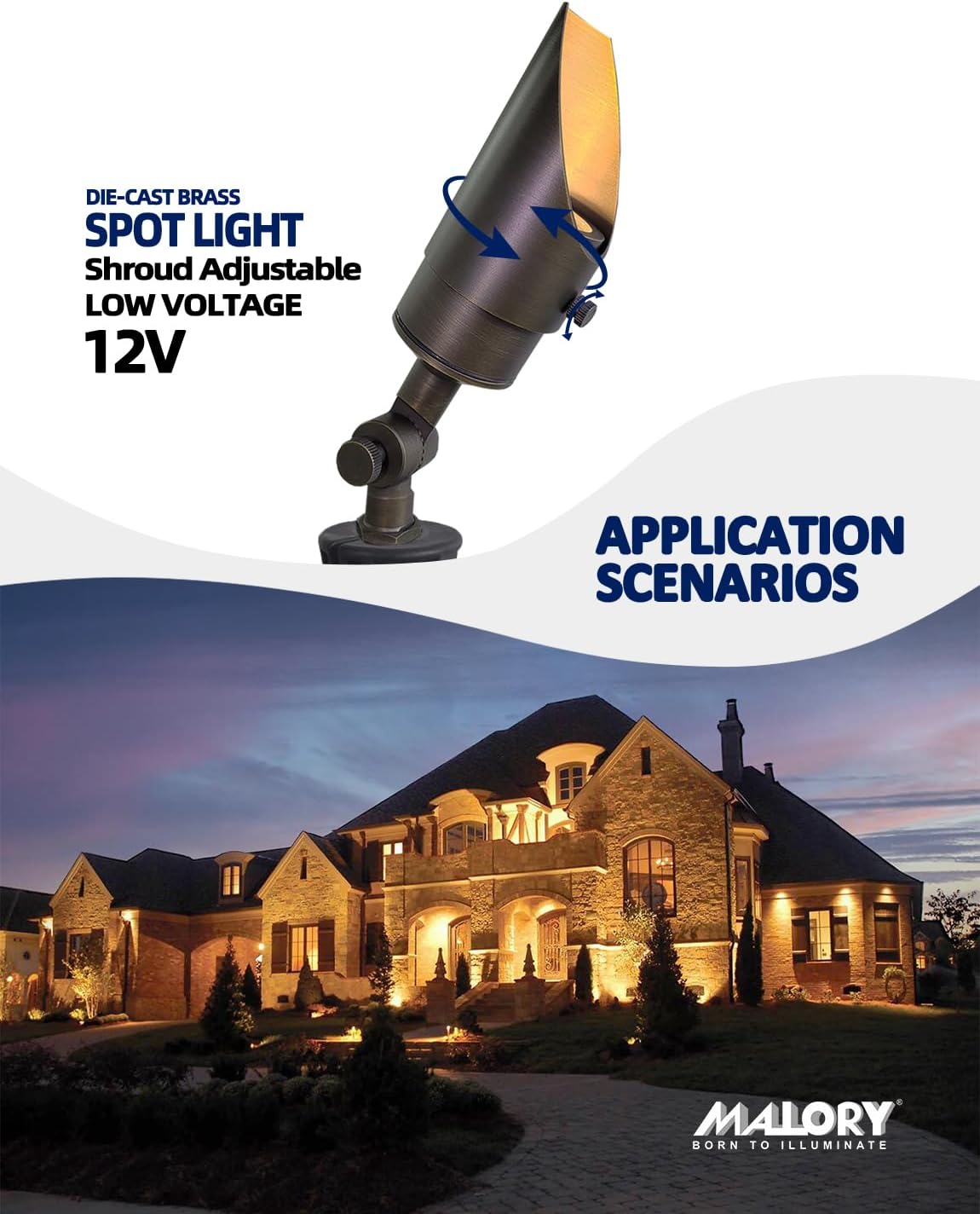 MALORY Brass Landscape Spotlight 10-Pack with MR16 Bulb Kit(S04), Low Voltage 12V AC/DC Shroud Adjustable Outside Yard Lights,PVC Ground Stake and Wire Connector Included, 5W 2700K Warm White