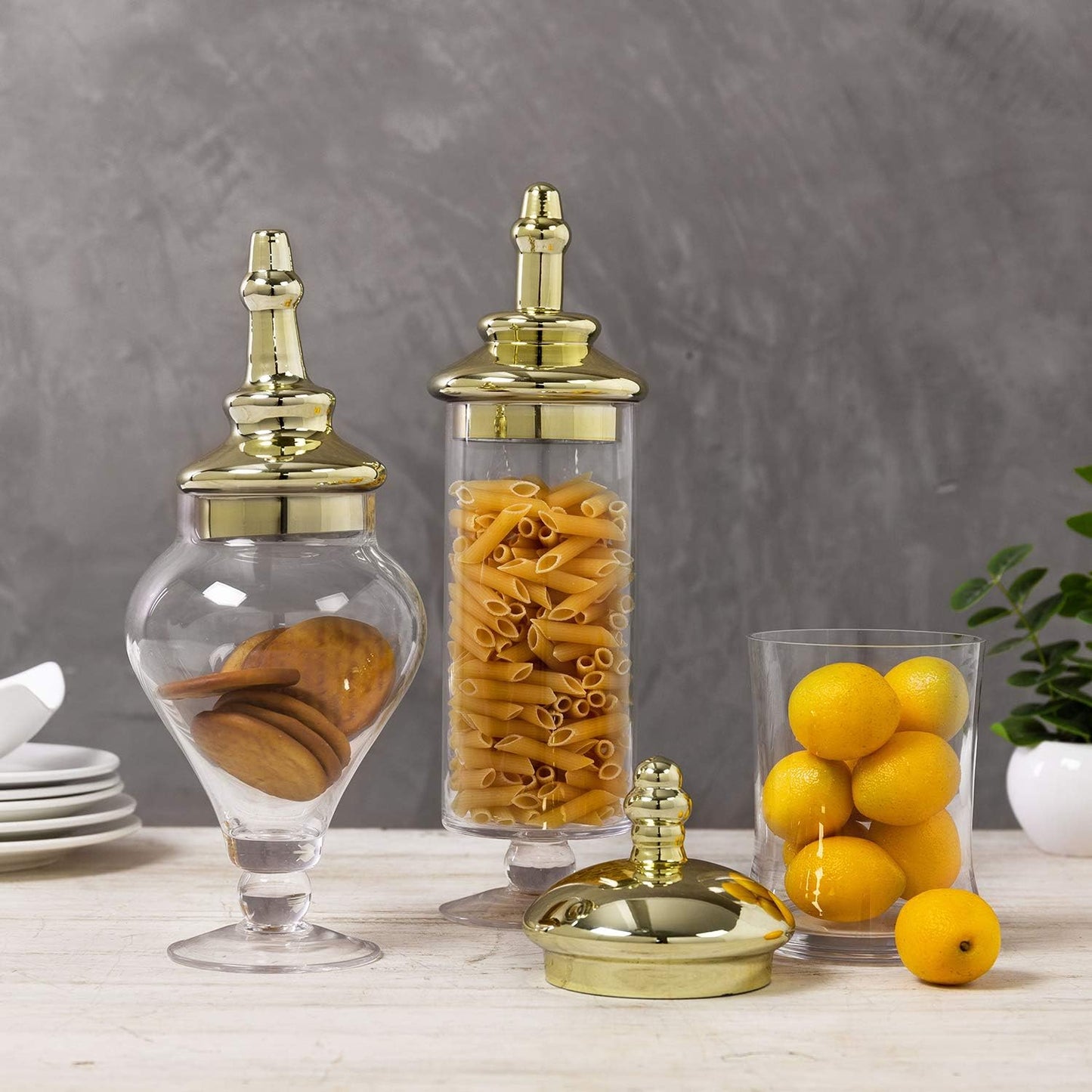 MyGift 3 Piece Set Antique Clear Glass Bathroom Apothecary Jars with Lid, Wedding Centerpiece, Kitchen Storage Jars with Metallic Brass-Tone Lids