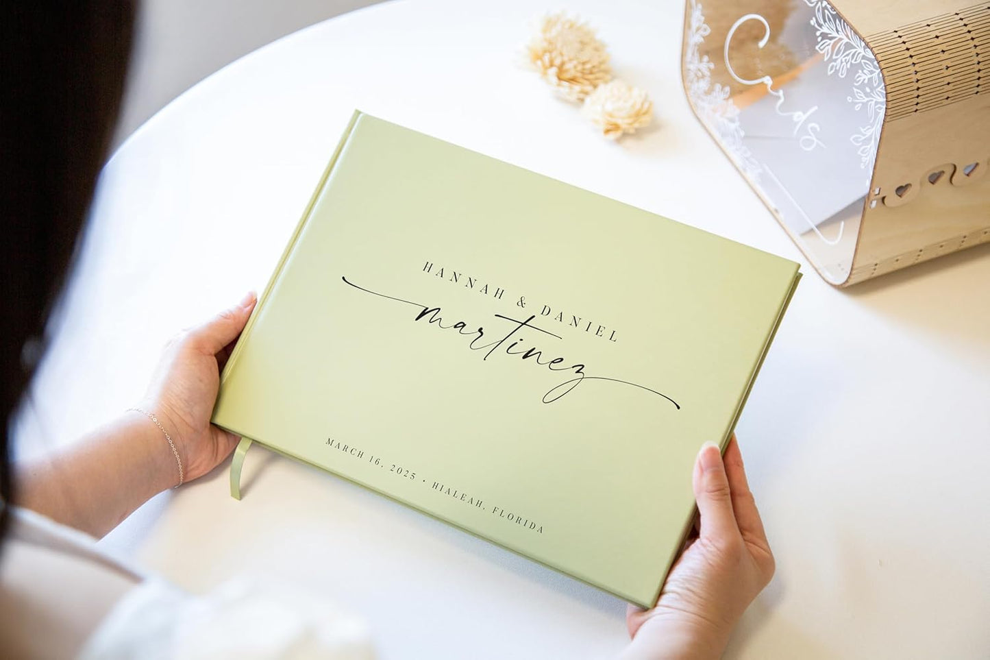 Personalized Guest Book - 11.5" x 8.5" Custom Bride & Groom Names with Bookmark and Hard Cover 140 GSM Blank Pages, for Weddings Guest Book, Engagements, Birthdays, Special Events, Sage