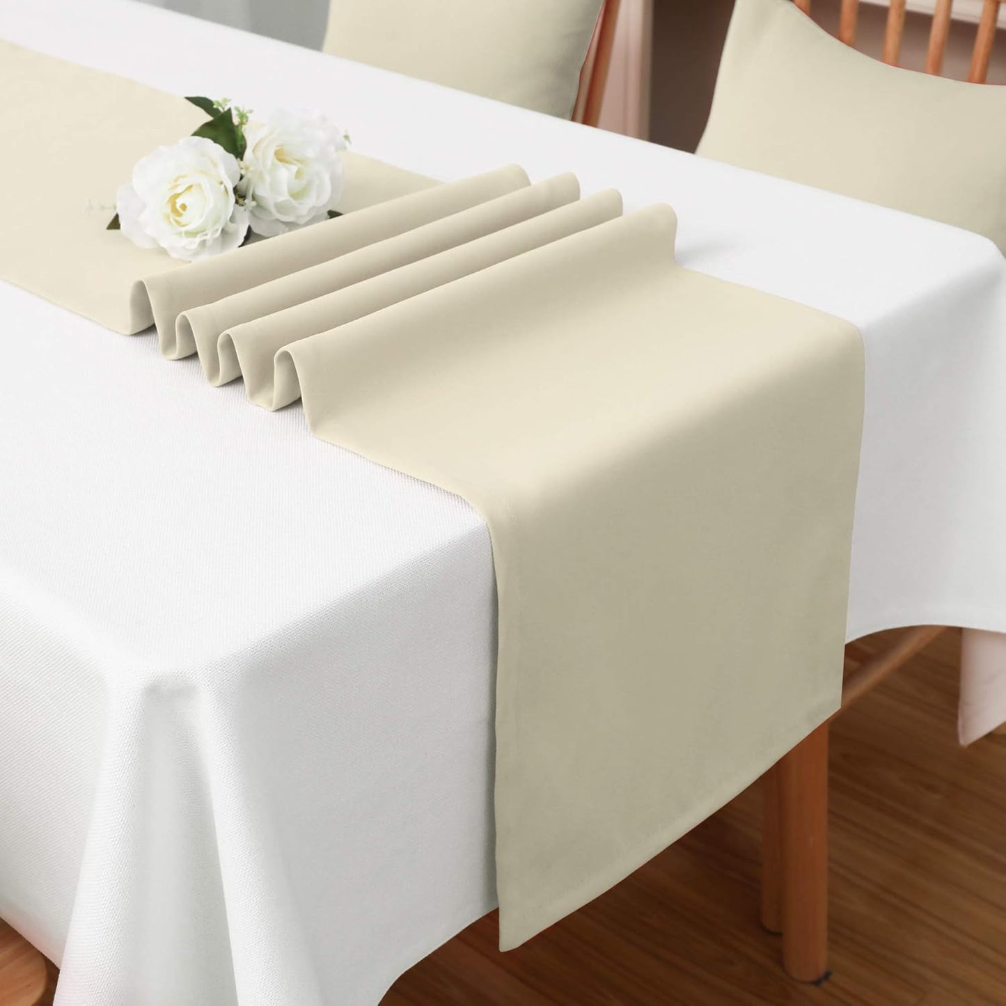DUALIFE 2 Pack Table Runner 14 x 72 Inch Long Table Cloth Table Runners for Wedding Engagement Banquet Graduations Birthday Party Decorations Cream Beige