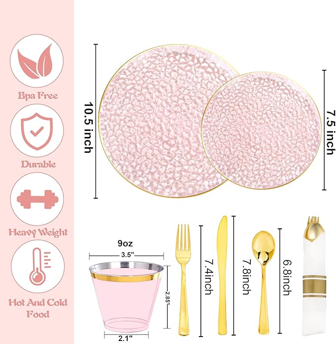 Rubtlamp 700Pcs Pink Gold Plastic Plates, Fancy Hammer Party Plate, Pink Plastic Dinnerware Set Include 100 Dinner Plates,100Salad Plates,100Cups,100Pre Rolled Gold plastic Silverware for Party