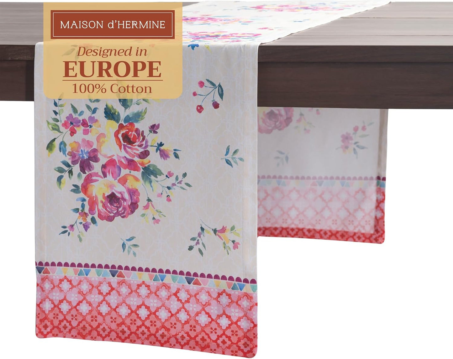 Maison d' Hermine Table Runner 100% Cotton Single Layer Table Runners 72 inches Long Decorative for Kitchen Dining Party Baby Shower Wedding Bridal Shower Spring Summer (Rose Garden, 14.50" x 72")