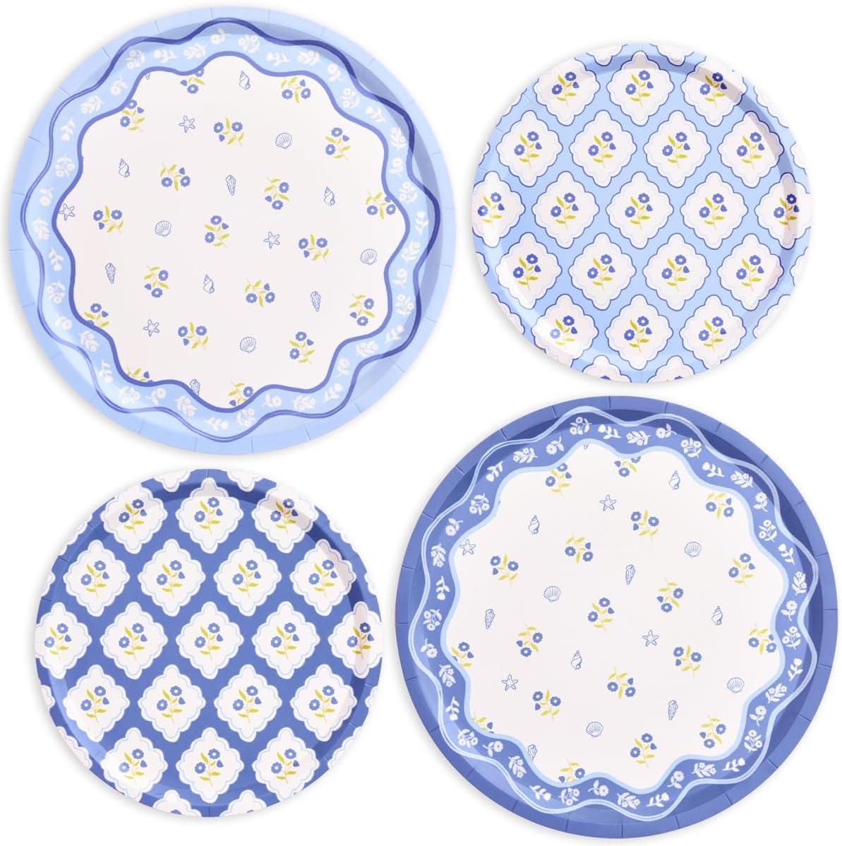 xo, Fetti Blue Coastal Paper Plates | 32 pcs, 2 sizes | Nautical Bachelorette Decorations, Seaside Dinner Party Setting, Beach Birthday Decor, Floral Tablescape