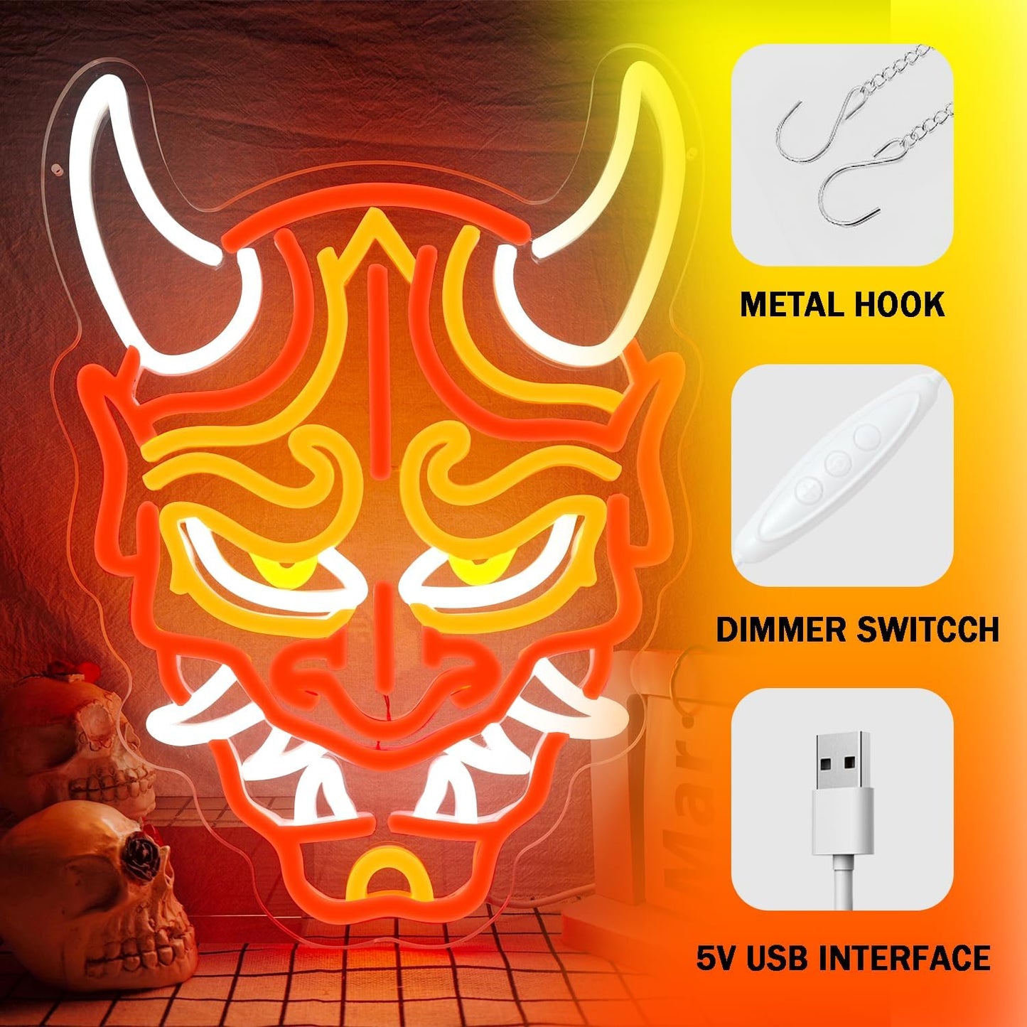 Prajna Mask Neon Signs Hannya Mask Neon Sign Led Neon Signs for Wall Decor Tattoo Neon Sign for Tattoo Shop, Game Room, Bedroom, Man Cave Adjustable Brightness, Cool Japanese LED Signs Decor Perfect for Anime and Tattoo Lovers