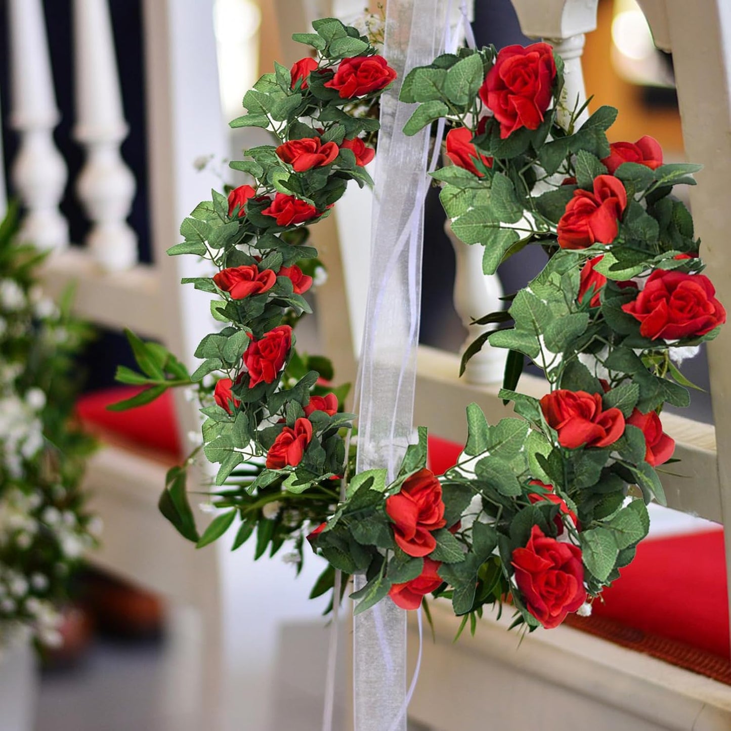 4 Pack Artificial Rose Vine Garland Fake Roses Flowers Plants Vines Hanging Floral Leaves Decoration for Wedding Party Table Garden Arch Wall Home Room Decor(Red)